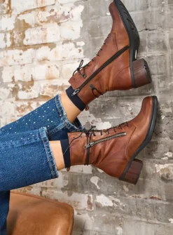 DAMES Wolky Veterlaarzen|Halfhoge Laarzen<Rimbley - cognac leer