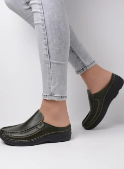 DAMES Wolky Slippers|Klompen<Roll Slide - forestgroen leer